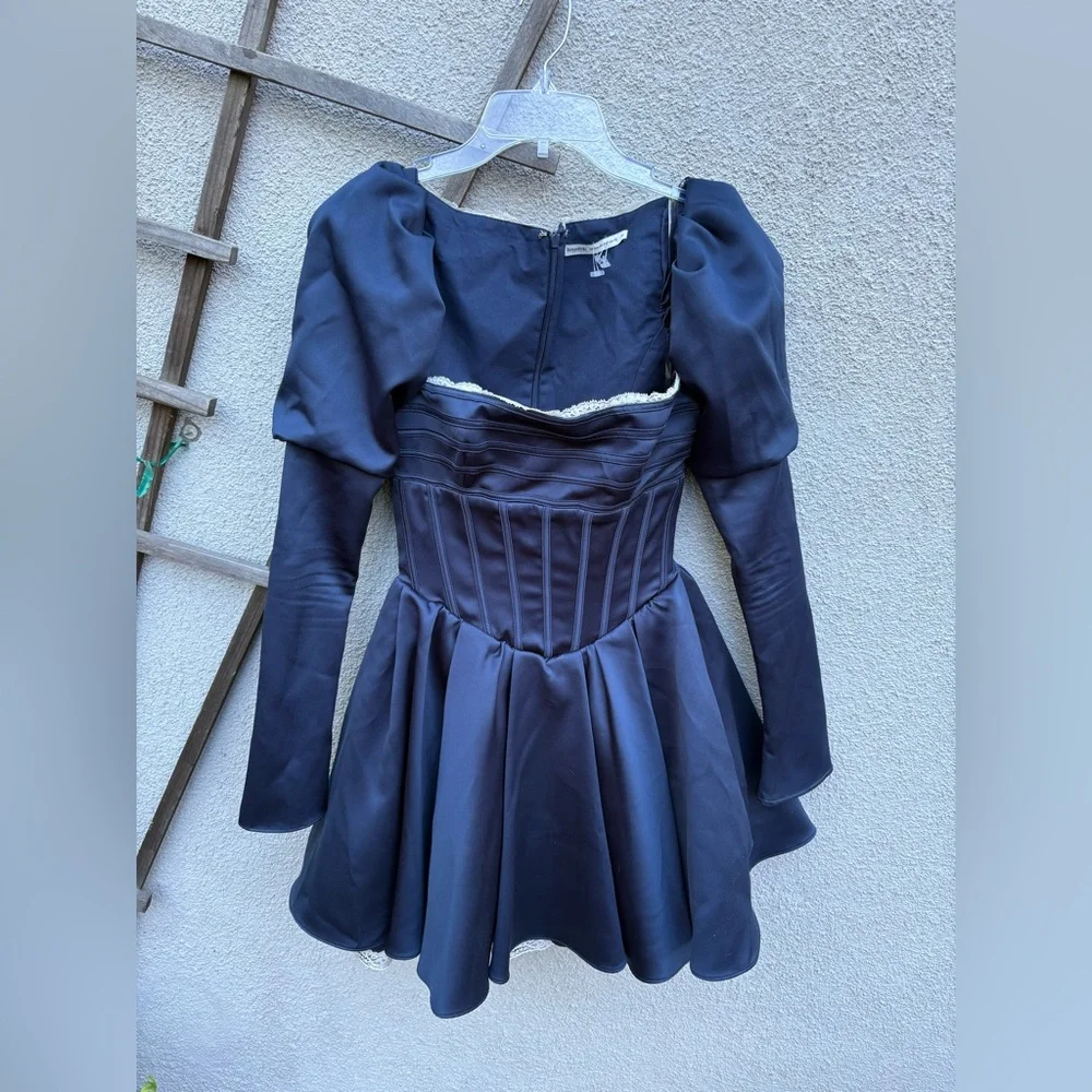HOUSE OF CB 'Venetia' Midnight Satin Puff Sleeve Mini Dress - Picture 5 of 8